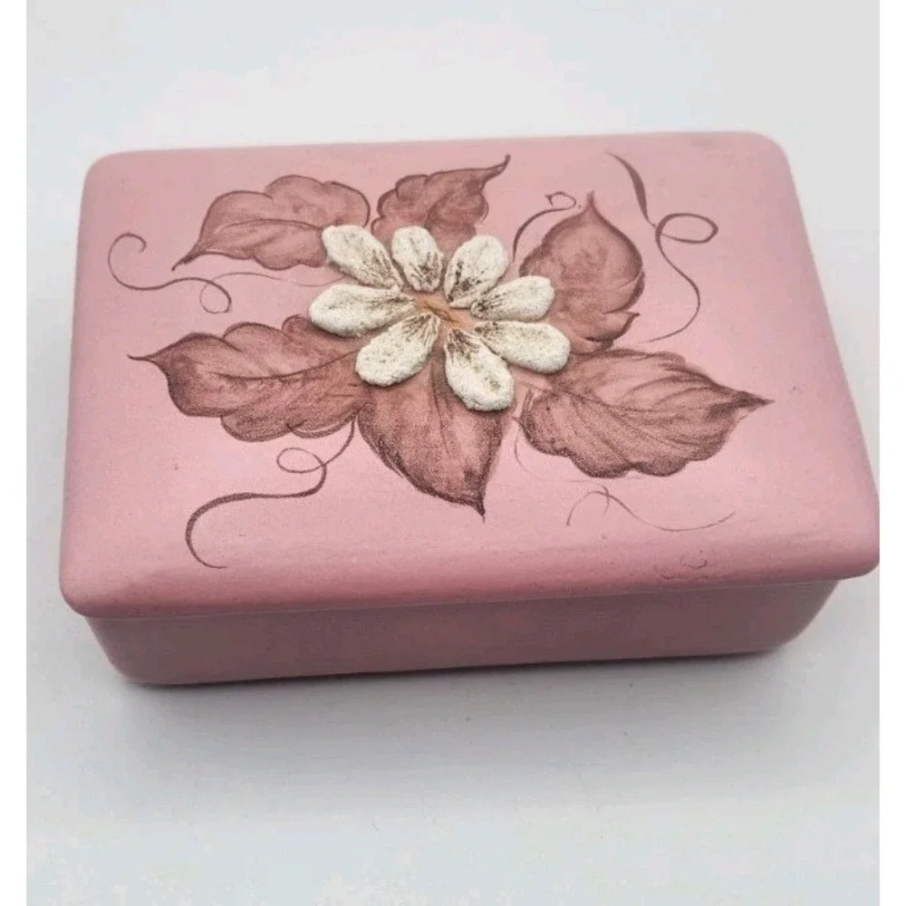 Ceramic Holland Mold Trinket Box Pink White Flowers Hand Painted 1 Of a Kind